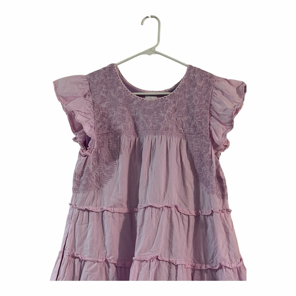 J.Marie Pink Tiered Embroidered Dress Size Small Cotton Flutter Sleeve Boho - Picture 3 of 6